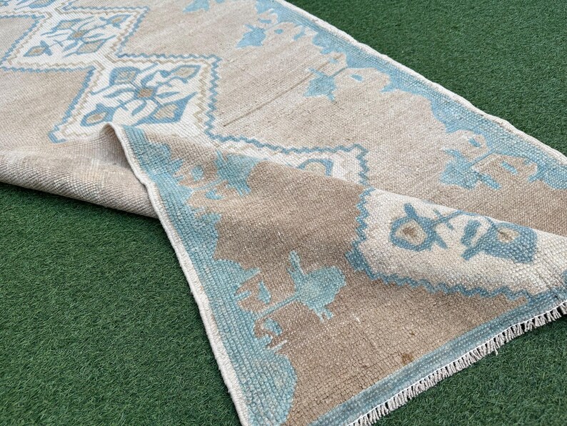 Muted Turkish Runner, Brown Blue Hallway Runner Rug, Organic Bedroom