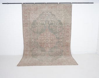 Vintage Oushak Teppich 200x300: Handgemachter Türkischer Teppich aus Wolle, Hellrosa & Grau