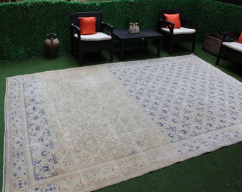 Alfombra turca Oushak azul vintage de 8x10, alfombra de lana hecha a mano con estampado floral suave n.° 5458