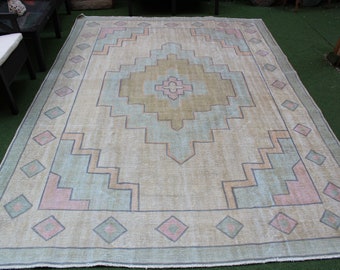 Groot vintage Oushak-wollen vloerkleed: 8 x 10 blauw Turks tapijt