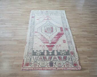 Vintage Turkish Oushak Rug, Hand-Knotted Wool, Geometric Medallion, 4x8 Area Rug