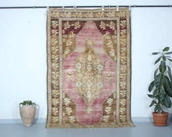 Vintage Pink Oushak Rug: Turkish Wool Area Rug, Farmhouse Decor