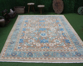 Groot vintage Turks oushak-tapijt 8 x 10: blauw wollen vloerkleed