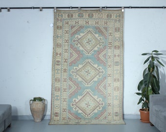 Hand Knotted Wool Turkish Oushak Rug: Vintage Blue Area Rug (4'5x7'7 feet)