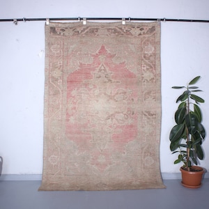 Vintage Oushak Rug: 5x7 Pale Pink Handwoven Wool Turkish Rug