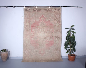 Vintage Oushak Rug: 5x7 Pale Pink Handwoven Wool Turkish Rug