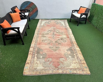 Tappeto turco vintage: tappeto Oushak in lana rosa pallido, dimensioni 5x12.