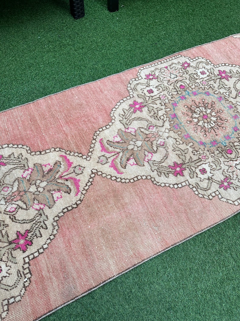 Turkish Runner Rug, Pastel Oushak Runner, Pink Turkish Runner, Bathroom
