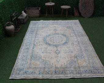 Blue Turkish Wool Rug: Vintage Handmade Area Rug