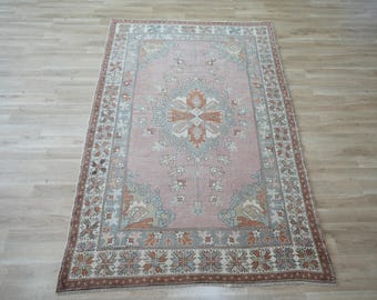 Alfombra Oushak vintage, alfombra turca de lana rosa terracota anudada a mano.