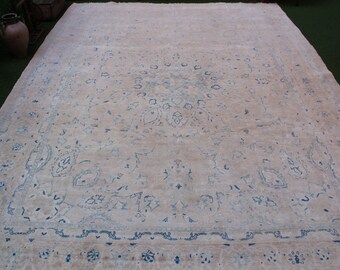 Groot blauw Oushak-tapijt: vintage Turkse wollen vloerkleed