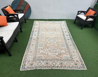 Vintage Türkischer Teppich 150x230: Handgewebter Wollteppich in Türkisblau