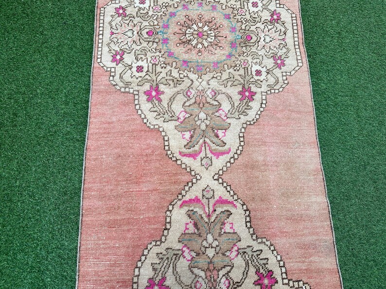 Turkish Runner Rug, Pastel Oushak Runner, Pink Turkish Runner, Bathroom