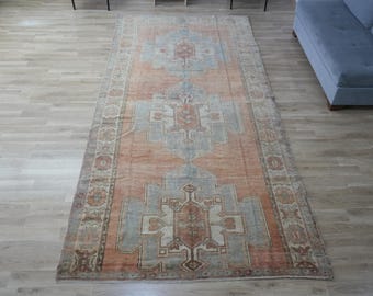 Muted Oushak Rug 5x11, Vintage Turkish Hand-knotted Wool Runner, Distressed Boho Decor