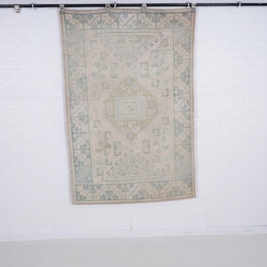 Green Oushak Rug, 4x6 Muted Beige Handmade Wool Authentic Turkish Rugs, 3&#39;9&#39;&#39;x5&#39;7&#39; ft Home Decor Kitchen Rug, Bedroom Rug, Boho Rug, no 6322