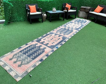 Handmade Turkish Runner Rug: Vintage Oushak Wool Hallway Rug