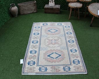 Blue Vintage Oushak Rug: Turkish Wool Area Rug