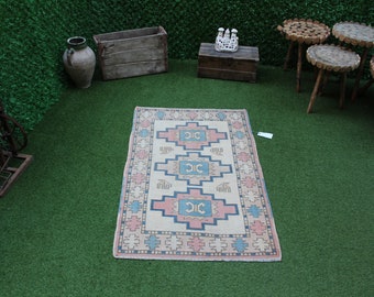 Small Vintage Oushak Rug: Blue & Pink Turkish Wool Rug
