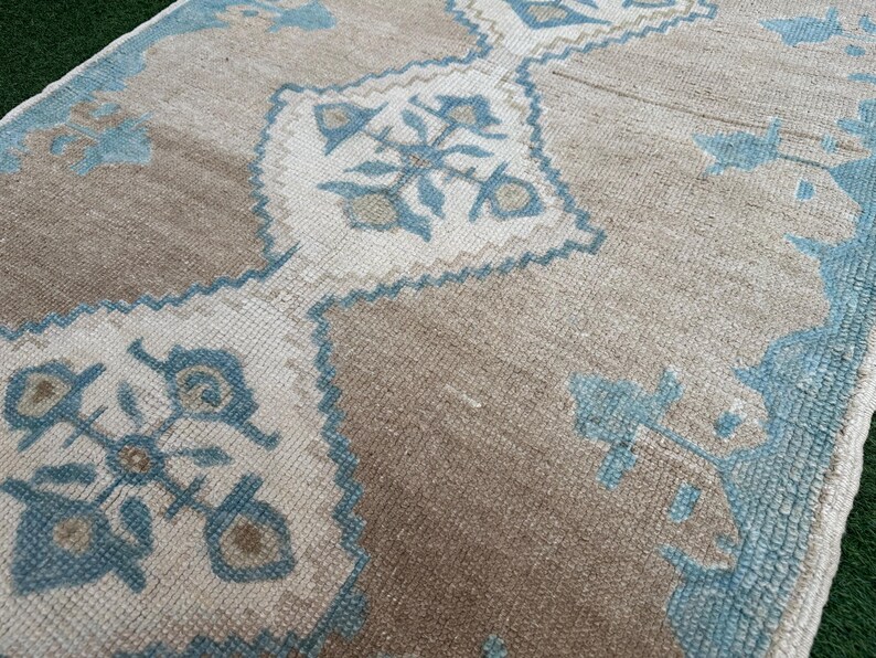 Muted Turkish Runner, Brown Blue Hallway Runner Rug, Organic Bedroom