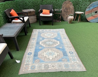 Blue Turkish Rug 4x7: Vintage Wool Oriental Rug