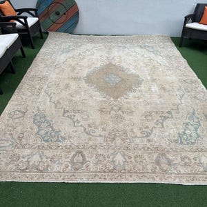 Muted Large Oushak Rug, 10x13 Vintage Beige Blue Handmade Organic Living Room Rug, Area Rug 9&#39;6&#39;&#39;x12&#39;7&#39; feet, Saloon Rug, Wool Rug, no 6290