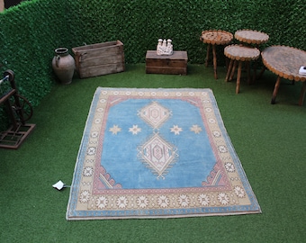 Blue Vintage Turkish Oushak Rug: Hand-Knotted Wool Decor