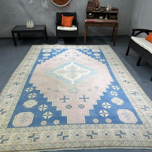 Blue Large Turkish Rug, Pink Oushak Rug, Large oushak Rug, Large Turkish Rug, 8x10 Turkish Rug, 8x10 Oushak Rug, Vintage Turkish Rug, no5595