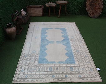 Blue Oushak Turkish Rug - Vintage Wool 5x7 Rug