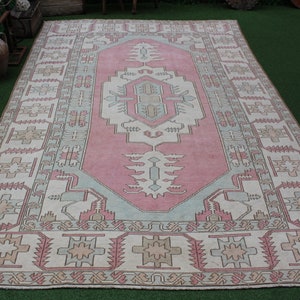 Turkish Rug, Vintage Oushak Rug, Living Room Rug, 8x10 Turkish Rug, 8x10 Oushak Rug, Pink Turkish Rug, Blue Oushak Rug, Wool Rug, No 5295