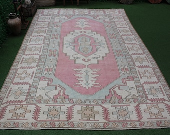 Alfombra Oushak turca de lana vintage: Alfombra para sala de estar de 8x10