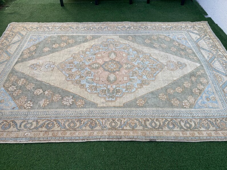 Muted Turkish Rug, 6x10 Handmade Oushak Rug, Vintage Pale Blue Beige