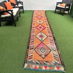 Vintage Turkish Wool Runner Rug: Orange Bohemian Kilim