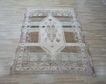 Hand-Knotted Turkish Oushak Rug, Muted Grey Brown Vintage Wool, Boho Living Room (5'11"x8'5")