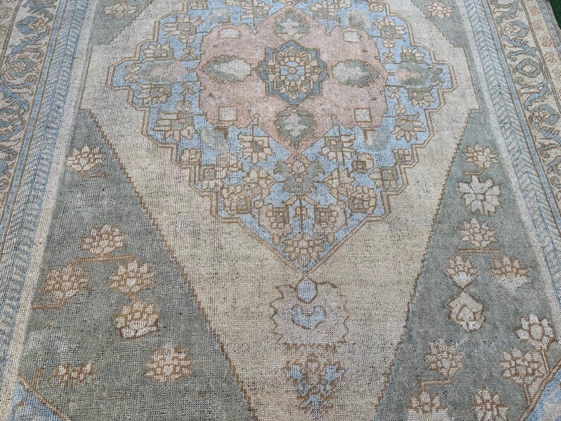 Muted Turkish Rug, 6x10 Handmade Oushak Rug, Vintage Pale Blue Beige
