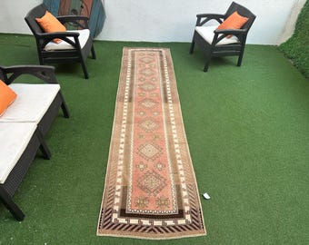 Vintage Turkish Runner Rug: 3x11 Wool Hallway Rug, Pink Brown Oushak