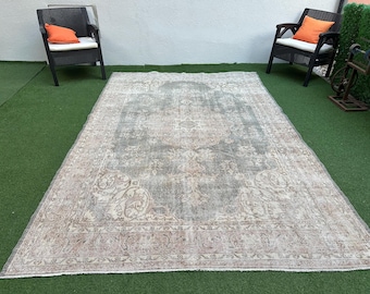 Vintage Turkish Wool Rug 7x10: Pale Blue Beige Oushak Rug