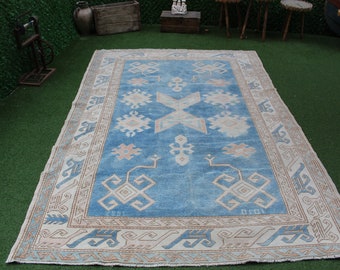 Vintage Turkish Oushak Rug: Handmade Wool Blue Area Rug