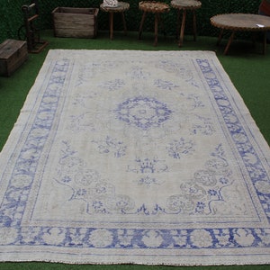 Blue Turkish Rug, Large Turkish Rug, Large Oushak Rug, Living Room Rug, Turkish Area Rug, Handmade Home Decor, Vintage Oushak Rug, No 4647