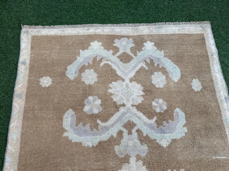 Muted Turkish Runner, Brown Blue Hallway Runner Rug, Organic Bedroom