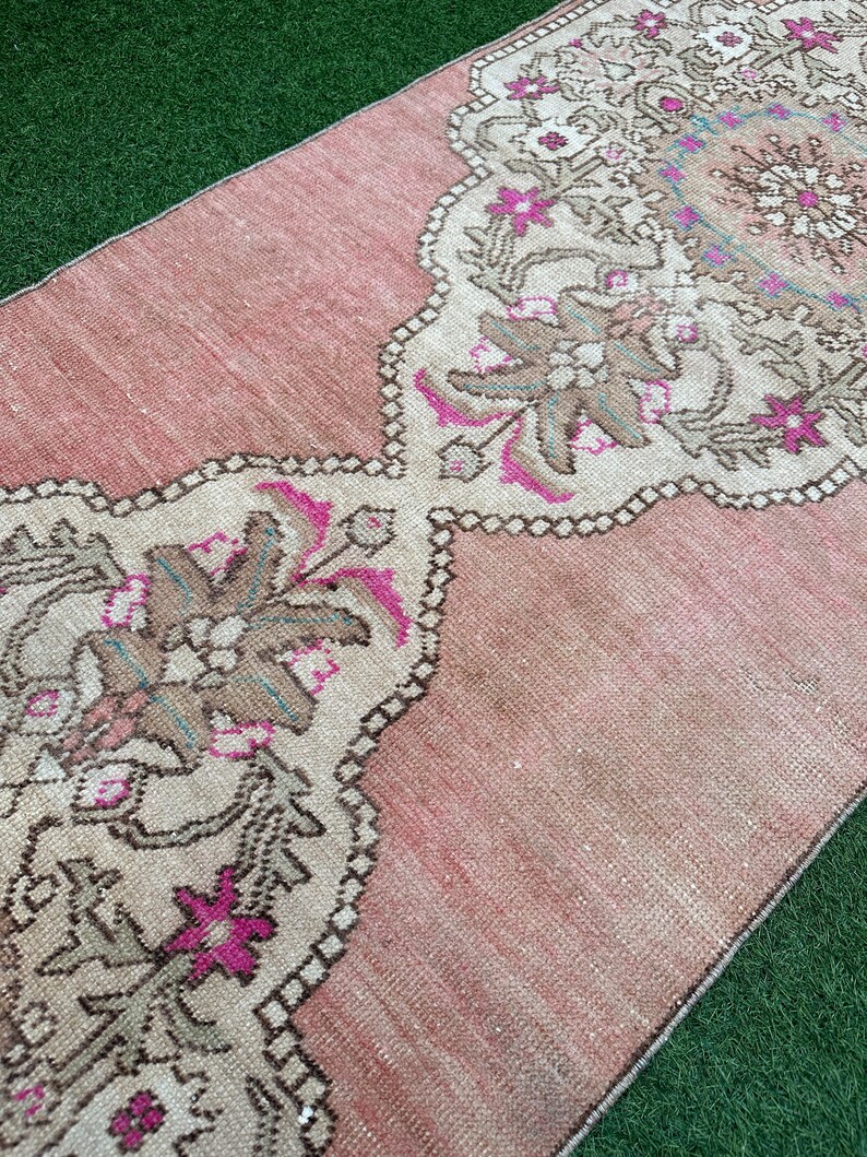 Turkish Runner Rug, Pastel Oushak Runner, Pink Turkish Runner, Bathroom