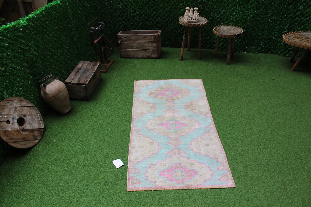 Oushak Blue Rug, Pink Turkish Rug, Bedroom Rug, Turkish Oushak Rug