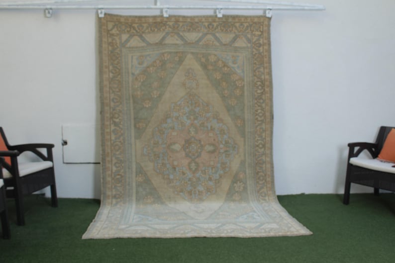 Muted Turkish Rug, 6x10 Handmade Oushak Rug, Vintage Pale Blue Beige