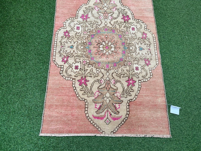 Turkish Runner Rug, Pastel Oushak Runner, Pink Turkish Runner, Bathroom