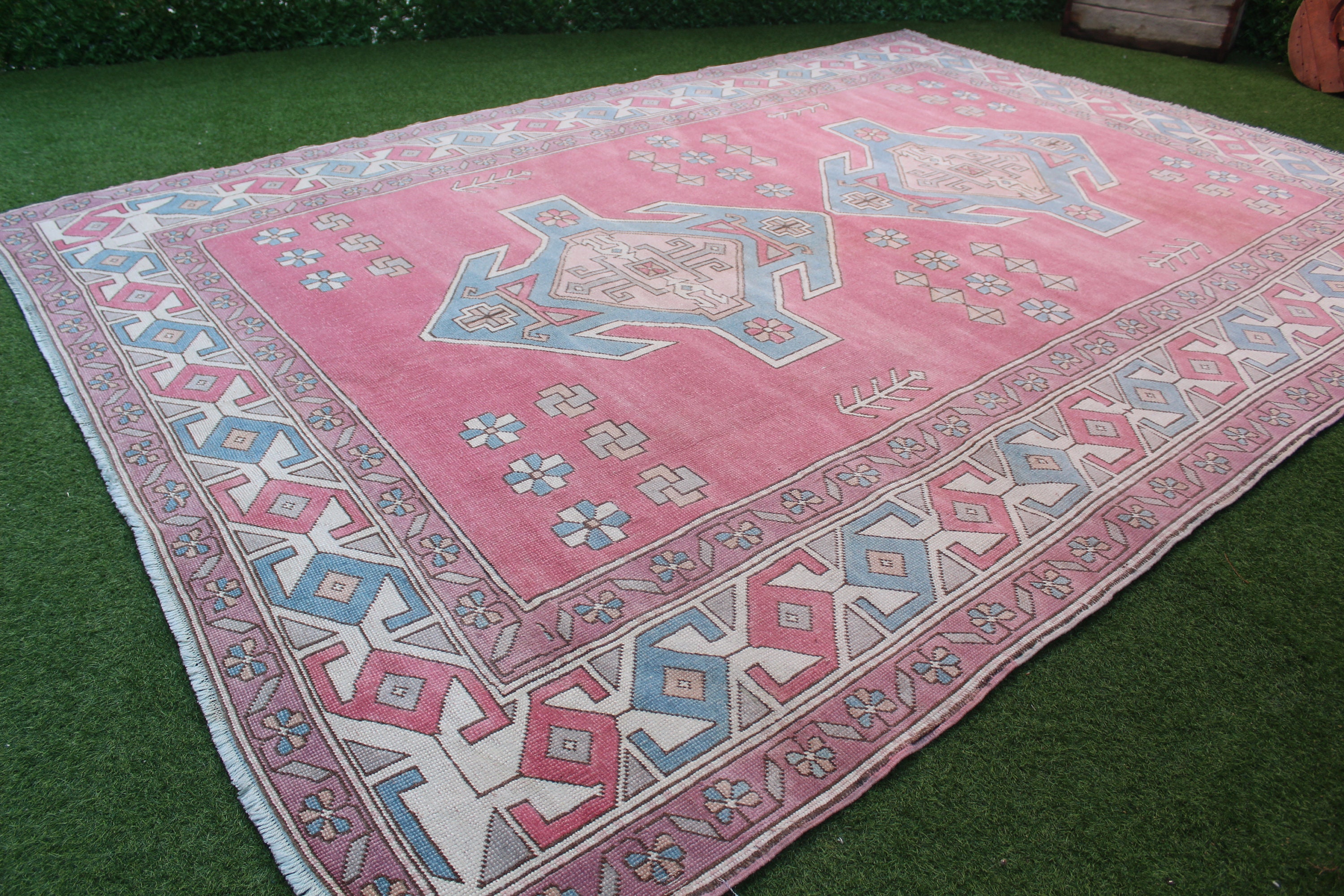 Pink and Blue Large Oushak Rug Hand Knotted Wool Turkish Etsy