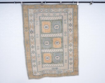 Vintage Handwoven Turkish Rug: 4'5"x5'10" Pastel Oushak Wool Carpet