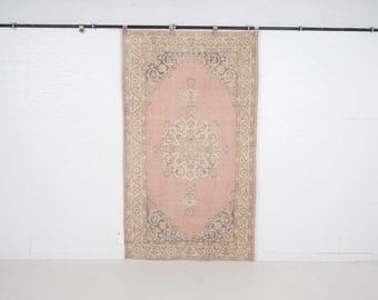 Vintage Oushak Rug: 4x7 Pale Pink Beige Handwoven Turkish Wool Rug