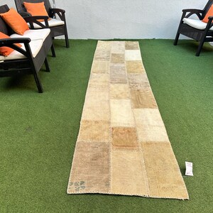 Muted Turkish Runner Beige Brown Hand Knotted Vintage Patchwork Oushak Runner, Home Decor Entry Hallway Kitchen Decor Rug, No 2469