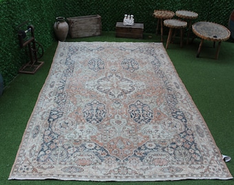 Vintage Pastel Oushak Rug: Hand-Knotted Turkish Wool Area Rug