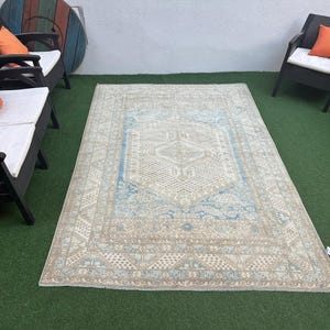 Turkish Area Rug 6x9, Blue Bedroom Rug, Oriental Rug, Vintage Handmade Rug, Muted Oushak Rug, Blue Farmhouse Rug, 6&#39;2&#39;&#39;x8&#39;10&#39;&#39; ft, no 6195