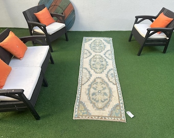 Vintage Turkish Wool Runner Rug: 2'6"x7'7" Pale Blue Oushak